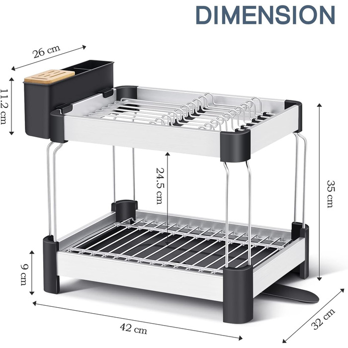 Рівнева сушарка Алюмінієва сушарка для посуду Стійка для кухонної раковини з антикорозійною рамкою Піддон для крапель з поворотним носиком 360, тримач для кухонного посуду 2-ярусний, 2-