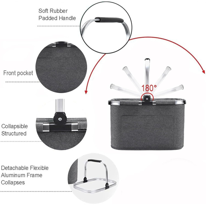 Складаний кошик для перенесення 30 л з алюмінієвою рамою, м'якими ручками - чудово підходить для подорожей/пікніків/покупок (сірий-2 шт. )