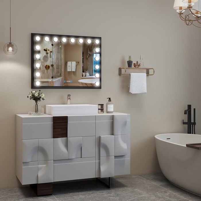 Дзеркало для ванної кімнати YOURLITE з LED-підсвічуванням 100x60 см, сенсорне управління, годинник, антизапотівання, 3 кольори світла, регулювання яскравості, функція пам'яті, білий/чорний