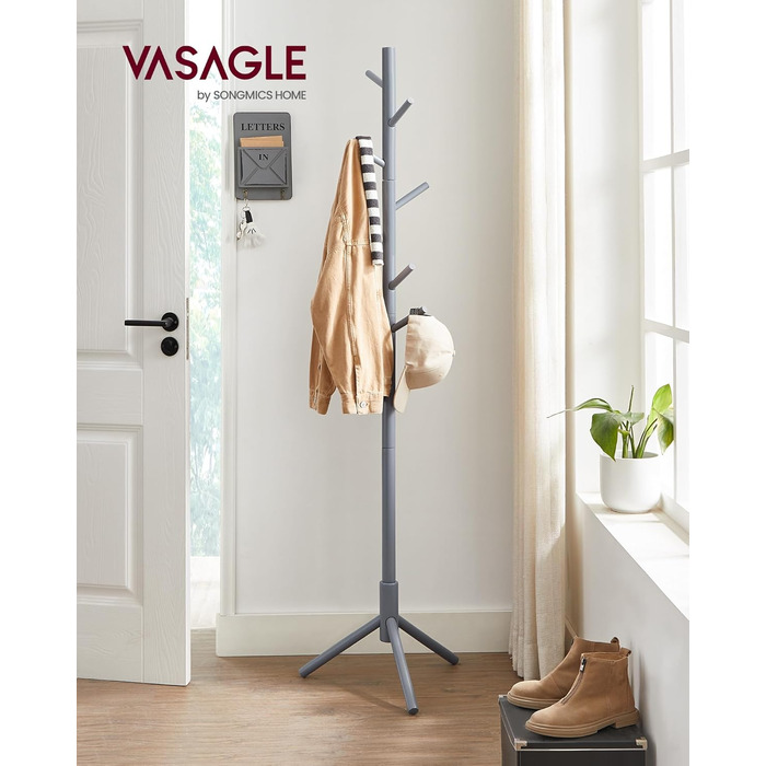 Дзеркало-вішалка для одягу VASAGLE з масиву дерева, сірого кольору, 8 гачків, 3 регульовані висоти, для вітальні, спальні, офісу