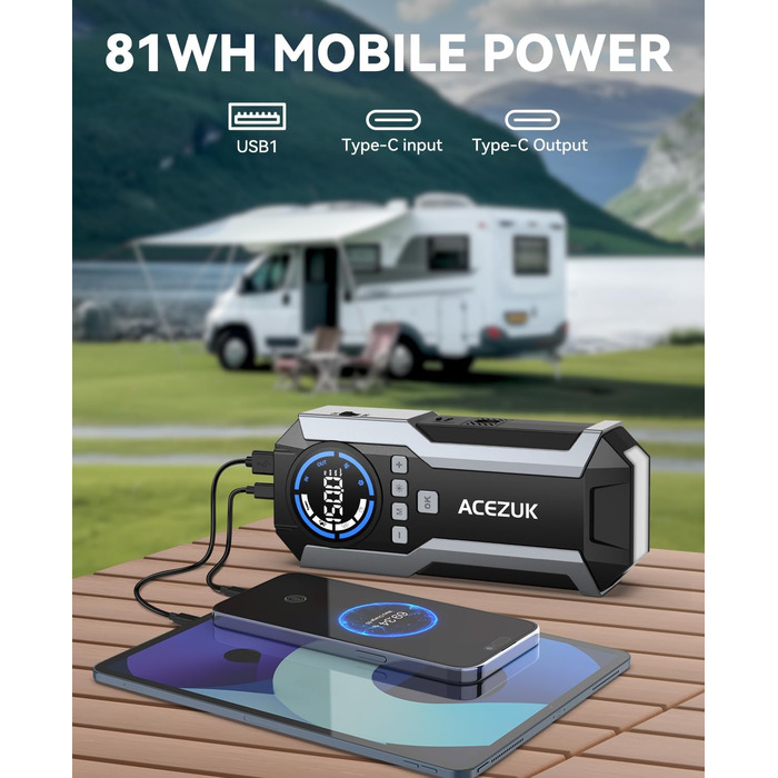 Портативний пусковий пристрій Starthilfe Powerbank з компресором 150PSI, 12V, для автомобілів (бензин/дизель до 12L), LED-ліхтарик, 6000A