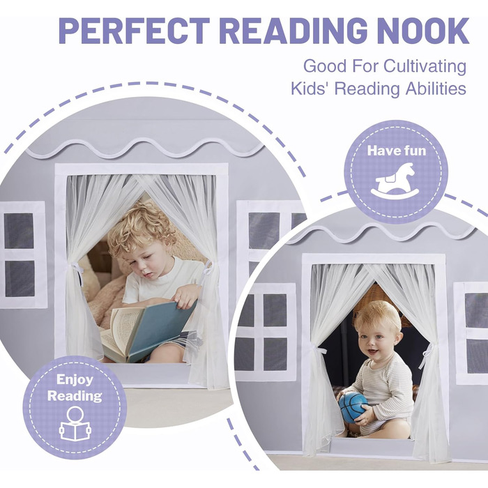 Дитячий намет Wilwolfer з килимком для малюків: Принцесин будиночок з бахромою для дівчаток та хлопчиків - Великий намет для гри в приміщенні та на вулиці (Мишачий сірий)