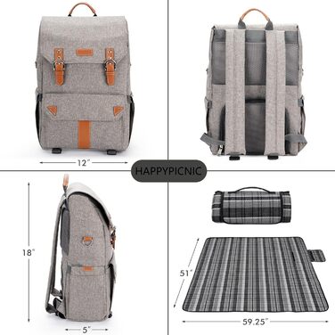 Набір для пікніка HappyPicnic з ізольованим рюкзаком, зручними тримачами для пляшок та великим водонепроникним килимком (M) з повним сервізом
