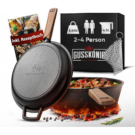 Нідерландський горщик 2в1 з чавуну 4.8л & сковорода з чавуну 1.8л - Набір нідерландського горщика з подвійною функцією - з кулінарною книгою та аксесуарами для барбекю, кемпінгу та кухні - 30 років гарантії (2в1 сковорода)