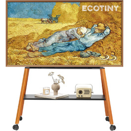 Підставка для телевізора ECOTINY на колесах для 49-75 дюймів, до 40 кг, Easel Design, металева конструкція з дерев'яною полицею, білий (чорний)