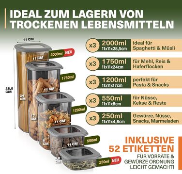 Набір контейнерів для зберігання продуктів 18 шт. – з контейнером для спагеті 2.0л, 6 баночок для спецій з дозатором, стійкі до утворення конденсату, BPA-free, 52 етикетки (12 шт) + 6 дозатори для спецій (набір 15 шт, сірий)