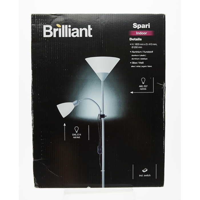 Стельовий омийник Brilliant Spari 1,8 м, підходить для LED, лампа для читання, вимикач шнура, білий