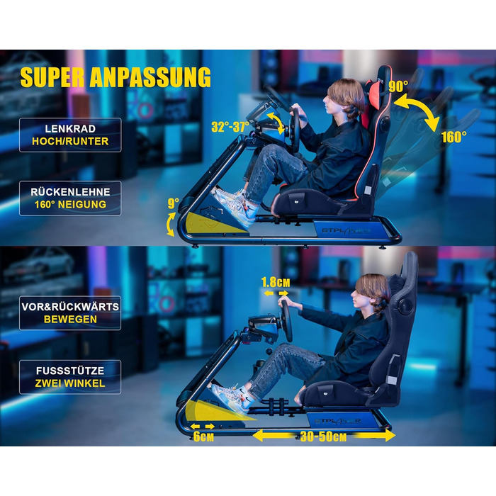 GTPLAYER Симулятор кокпіт для гонок, стійка для керма та педалей, з динаміками, чорний