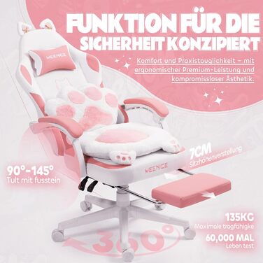 Ігровий крісло MEENICE Pink Katze з підголовником у вигляді лапки кота та вушками, з підніжкою, ергономічний ПК стілець для дітей та дорослих, рожево-білий, 200 кг