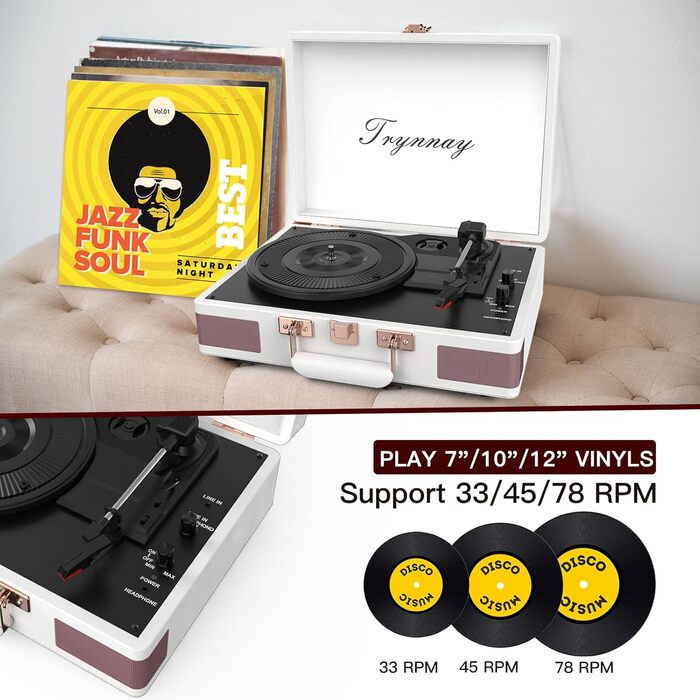 Вініловий програвач Trynnay 3-швидкісний з Bluetooth, портативний програвач у валізі з вбудованими динаміками, покращене аудіо, білий PU-шкіра