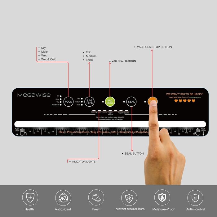 Вакууматор Megawise для продуктів з потужністю 80 кПа, автоматичний вакуумний пакувальник з режимами для сухих та вологих продуктів, чорний, комплект з 10 пакетами та різаком