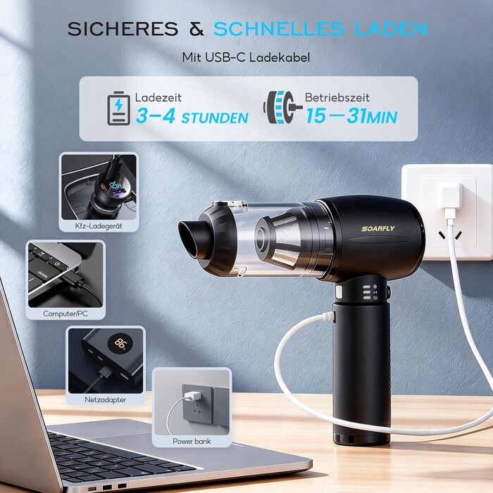 Акумуляторний ручний пилосос SoarFly 4 в 1, 25000Па, бездротовий міні-пилосос для авто, дому та ПК з безщітковим двигуном, LED-підсвіткою та набором щіток, чорний
