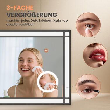 Дзеркало для ванної кімнати AQUABATOS LED з підсвічуванням 50x70 см, імітація вікна, сенсорне регулювання, протитуманне покриття, чорний алюмінієвий каркас, індустріальний стиль, холодний білий світлодіодний дзеркало