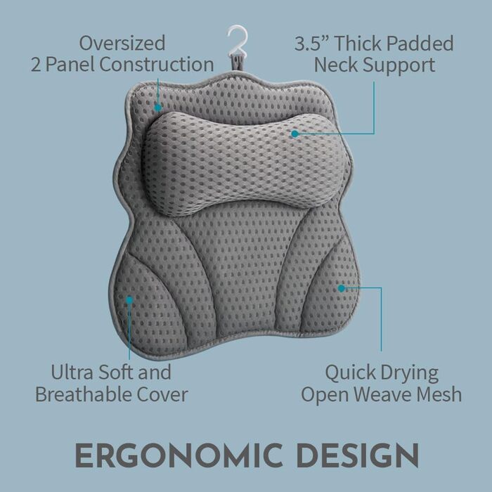 Подушка для ванни WONDERfoam з ергономічною підтримкою голови, шиї та спини, сірого кольору. Матеріал: піна пам'яті, антиковзаюча, машинне прання, дихаюча, швидковисихаюча.