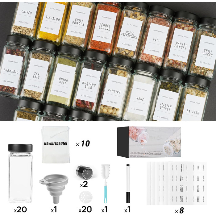 Набір скляних банок для спецій з дерев'яними кришками з акації, 24 шт. по 120 мл (кутові)