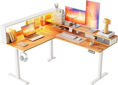 Регульований кутовий стіл Agilestic 160x140 см з LED та розеткою (світло-коричневий)