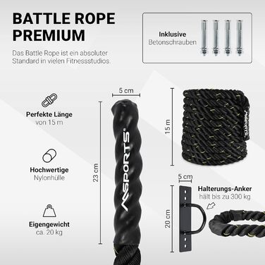 Професійна студійна якість Довжина 15 м Діаметр 5 см Тренувальна мотузка Спортивна мотузка Ударна мотузка Фітнес-мотузка Зміїна мотузка Мотузка з маховиком (чорний / жовтий - 15 м)