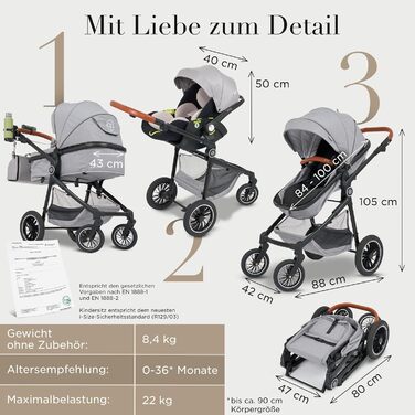 Дитяча коляска 3 в 1 AMOR BABY Primus сірого кольору: автокрісло, класична коляска та автокрісло в комплекті | Безпечна, з Isofix та 5-точковим ременем безпеки