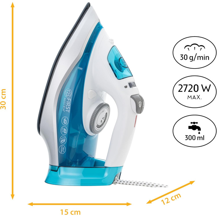 Пароочисник TZS First Austria I 2290-2720W | Керамічна підошва, Самоочищення, Вертикальна пара, Anti-Kalk, Сухе прасування, 0,3л резервуар, 1,2 кг, Чорний/Білий