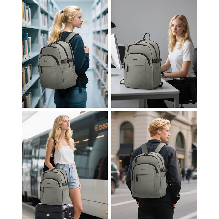 LOVEVOOK Рюкзак для ноутбука, водонепроникний, сірий/зелений, 17.3 дюйми - для жінок та чоловіків, універсальний, для роботи, навчання, подорожей