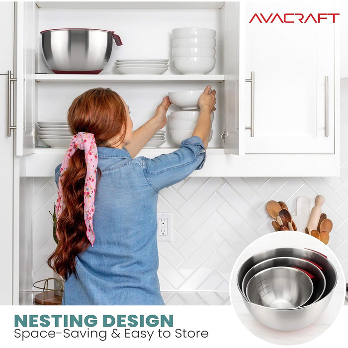 Набір кухонних мисок Avacraft з нержавіючої сталі 18/10 з кришкою, силіконове дно, зручний наливний носик та мірні позначки, червоний