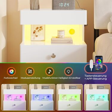 Нічний столик AOGLLATI з секретною поличкою, розеткою та LED-підсвіткою. 2 шухляди, висувний ящик, полиця. Білий, 40x35x59 см