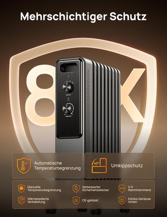 Електричний масляний радіатор Dreo з 9 ребрами, 2000W, тихий, з захистом від перегріву та перекидання, термостатом, дитячим замком, енергозберігаючий