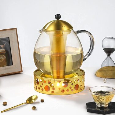 Скляний скляний Срібний чайник з нержавіючої сталі 18/8, ситечко для чаю з боросилікатного скла, чайник, підходить для підігріву чаю (Тип5-1, Золотий чайник, 1500 мл)