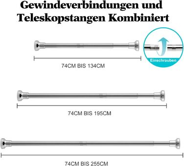 Регульована телескопічна штора для душу з нержавіючої сталі без свердління, 74-255см, срібло