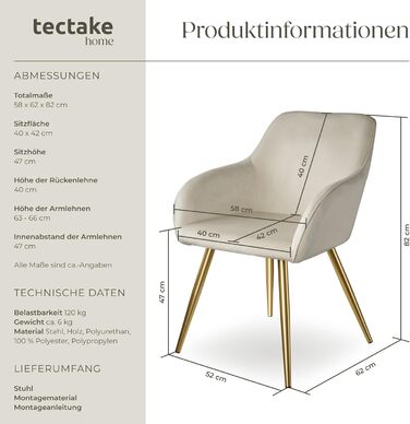 Крісло tectake® Esszimmerstuhl: зручне крісло з підлокітниками, м'яке крісло з оксамитової тканини, крісло для вітальні, їдальні, сучасні кухонні стільці, офісне крісло, кремово-золотий колір, 1 шт.