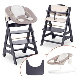 Високий стільчик для годування Hauck Beta+ Newborn Set - комплект для новонароджених, від народження з 2-в-1 люлькою-гойдалкою, подушкою для сидіння та підносом для їжі - Темно-сірий