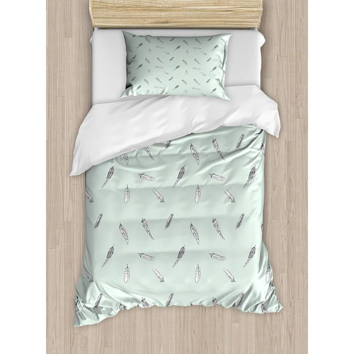 Мінімалістичний набір підковдр для односпальних ліжок, абстрактний ескіз пір'я, захист від кліщів для алергіків, що підходить для наволочки, (130 x 200 см - 70 x 50 см, м'ятно-зелений блідо-сірий)