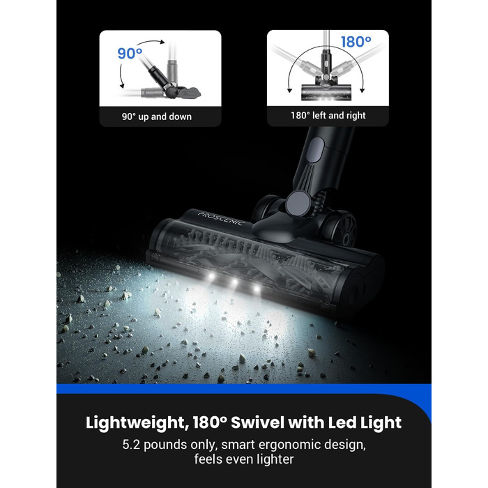 Бездротовий пилосос Proscenic P15: 55KPa, 580W, 70 хв, LED дисплей, антизаплутування, фільтр 6 шарів, для килимів, твердих поверхонь, шерсті тварин, автосалону (світло-сріблястий)