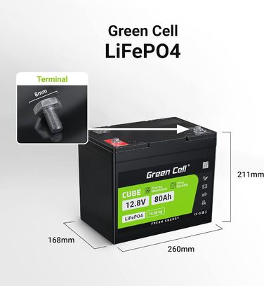 Акумуляторна батарея Green Cell LiFePO4 80 Ah 12,8 V 1024 Втгод з BMS, термін служби для автофургону 10 років