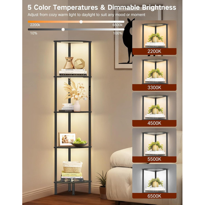 LED торшер з полицею, 3 режими світла, димування сенсором та пультом, кутова полиця з 5 рівнями, вузька книжкова шафа для вітальні, спальні, офісу (Чорний з RGB)