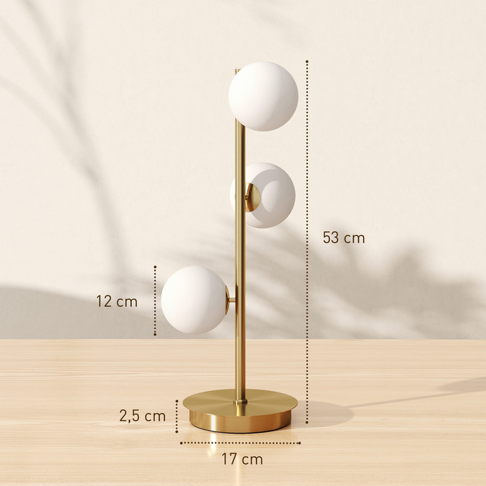 Настільна лампа з трьома сферичними плафонами, міцний сталевий постамент, патрони G9, розміри 24 x 24 x 53 см, латунь.