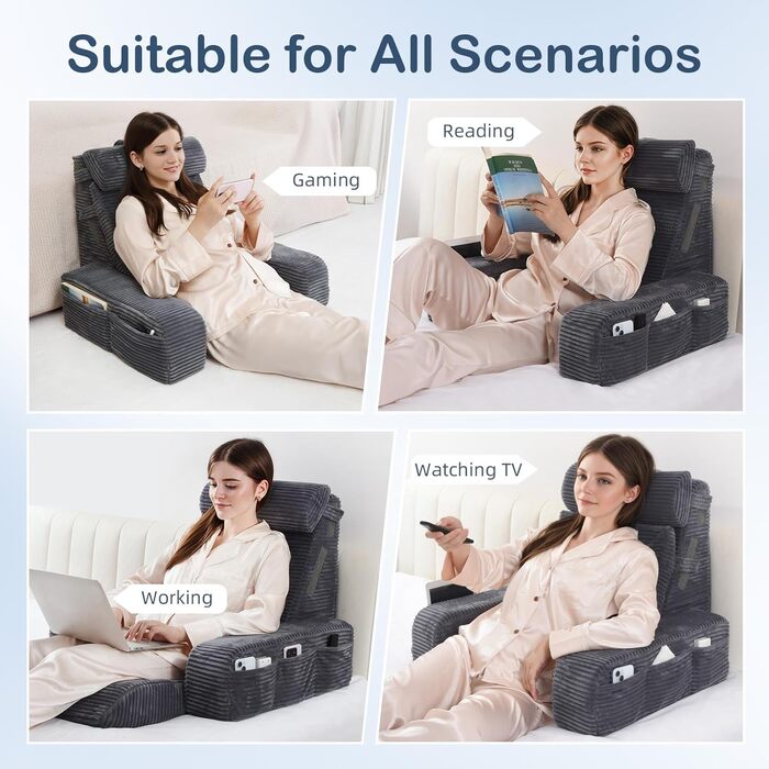 Регульоване подушко-крісло для читання Vekkia з підпоркою для спини - XL кишені, м'який матеріал, ідеально для читання, ігор та відпочинку