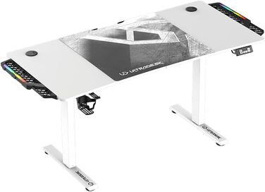 ULTRADESK Стол для роботи та геймінгу з регулюванням висоти - електричний, 140x68 см, з підсвічуванням RGB, XL-килимок для миші, білий