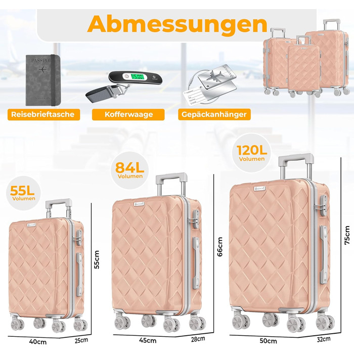 Набір валіз KESSER® 3 шт. | Валізи з ABS-пластику з кодовим замком, ваговою системою та органайзером для документів, 360° обертання | Ручна поклажа та великі валізи для подорожей та бізнесу (Нюдовий сірий)