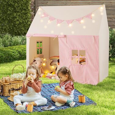 Дитячий намет GOPLUS з м'яким килимком, зірочками та китицями, ігровий будиночок для дому та вулиці з вікнами, дверима та кишенями, для дітей від 3 років (Рожевий)