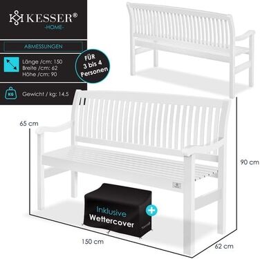 Садова лавка KESSER® дерев'яна для 3-4 осіб, біла 150 см, стійка до погодних умов, вантажопідйомність 320 кг, з чохлом для балкона, тераси та саду
