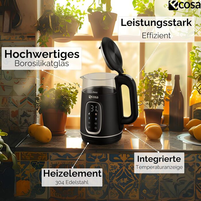 Електричний чайник Ecosa® зі скляною колбою та нержавіючою сталлю, 1,7 л, 2200 Вт, регулювання температури 40°C-100°C, підігрів, LED-підсвічування (Black Pearl)