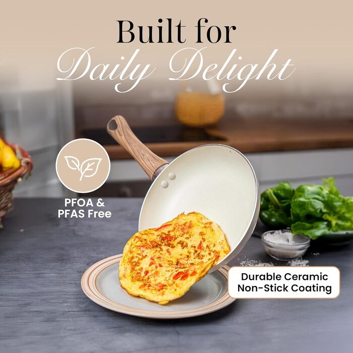 Набір каструль та сковорідок з антипригарним покриттям Nuovva - 8 предметів, кремовий граніт, для індукційних плит