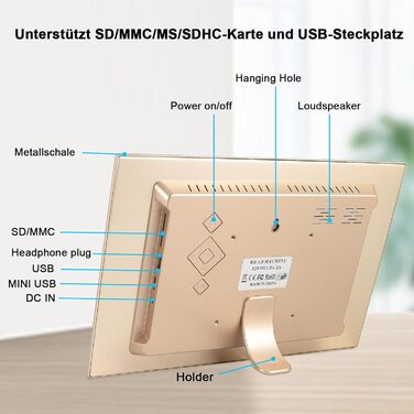 Цифровий фоторамка TSITSC 8.7 дюйма, IPS-екран 1024*768, календар, музика, фото/відео програвач, підтримка USB/SD, з пультом дистанційного керування (Чорний) (12 дюймів Золотий)