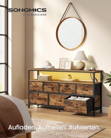 SONGMICS BELLAH: Комод, шафа, LED-підсвічування, тумба з зарядкою, індустріальний стиль, вінтажний коричневий + чорний, 7 ящиків, LGS723KD01