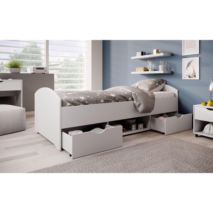Сучасне односпальне ліжко з 2 ящиками 90 х 200 см - Практичне двоярусне ліжко для молодіжної кімнати в білому кольорі - 96 x 66 x 204 см (W/H/D) Біле односпальне