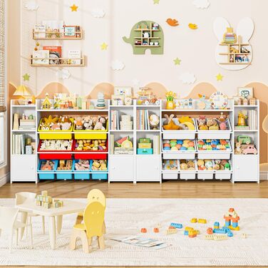 FOREHILL Регульована полиця для іграшок з 8 ящиками, дитячий шафчик, книжкова полиця для дітей, органайзер для іграшок, меблі для дитячої кімнати з іграшковою коробкою, 138,8 x 94,3 x 29,6 см, білий (білий з червоним)