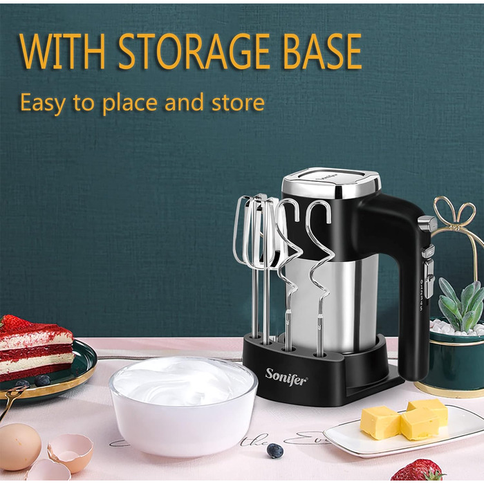 Ручний міксер Sonifer 500W з нержавіючої сталі, 5 швидкостей + турбо, 2 гачки для тіста, 2 вінчики, миється в посудомийній машині