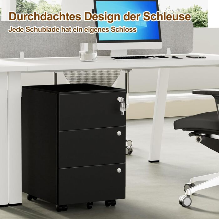 Роликовий контейнер HOMSTEEL з 3 замками, 3 висувні ящики, для офісу та дому, білий (44 x 37 x 60 см)