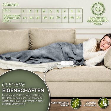 Електрична ковдра з таймером 200 x 180 см | 9 температурних режимів | Ковдра для ліжка та дивана | Електрична ковдра з цифровим дисплеєм (180x130 см, світло-сіра)